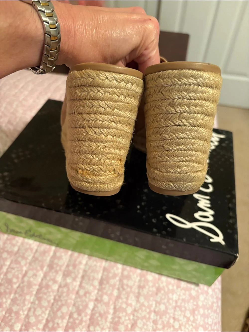 Sam Edelman Tan Suede Espadrille Peep-Toe Wedge Mules comes in the box.